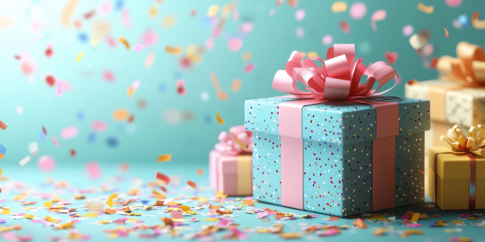 Colorful gift boxes surround a festive atmosphere filled with confetti in a lively celebration setting